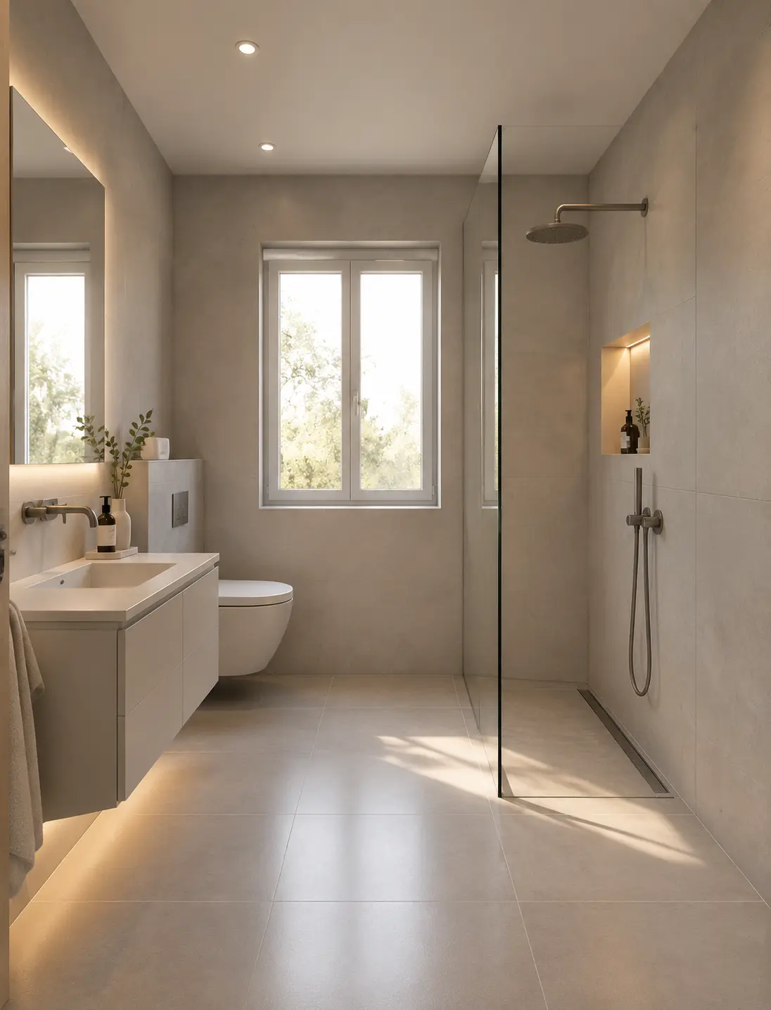 After: the same bathroom renovated with AI in Minimalist style with a walk-in shower