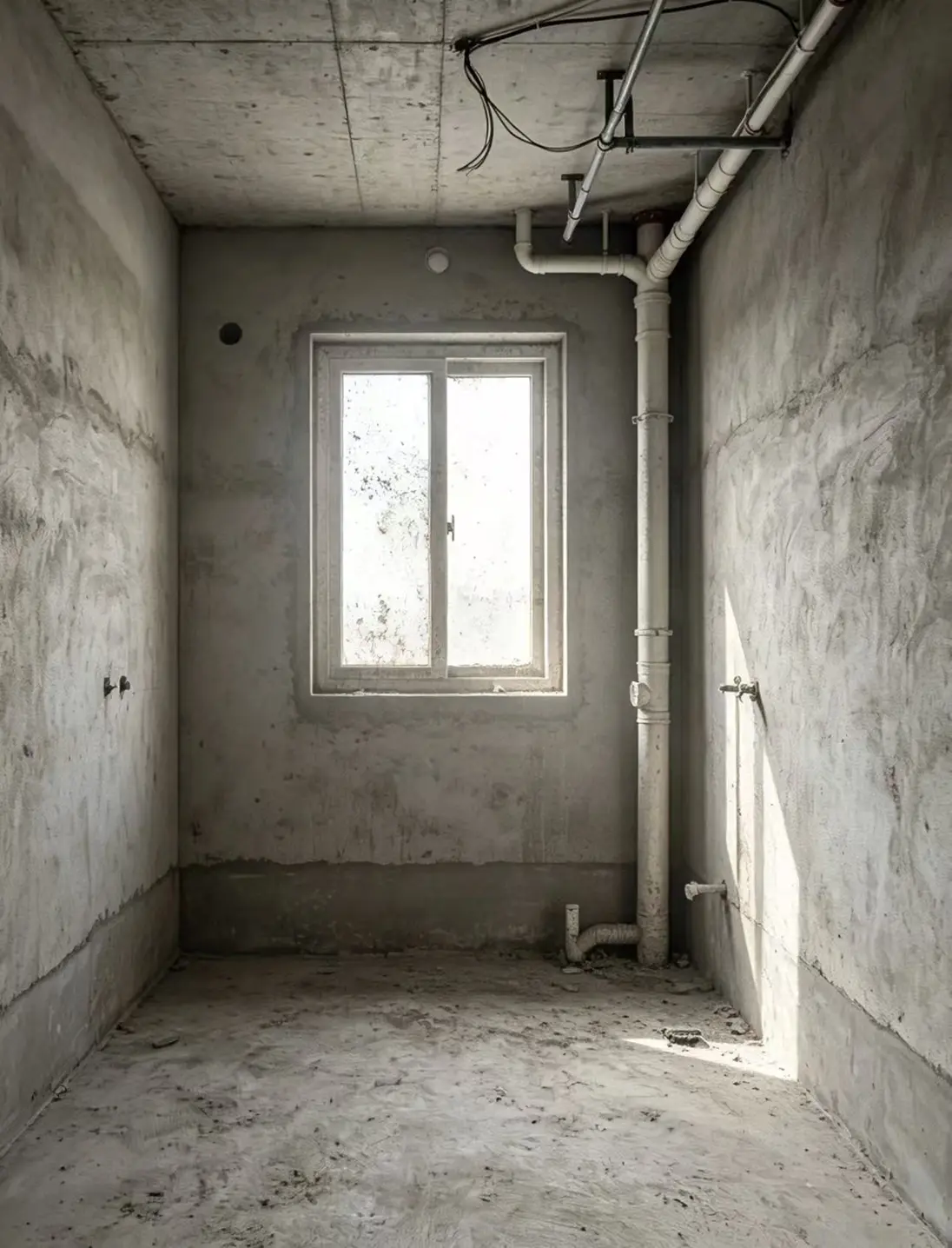 Before: unfinished concrete bathroom