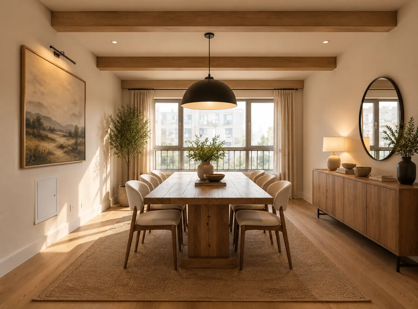 After: the same room renovated with AI as a Modern Farmhouse dining room