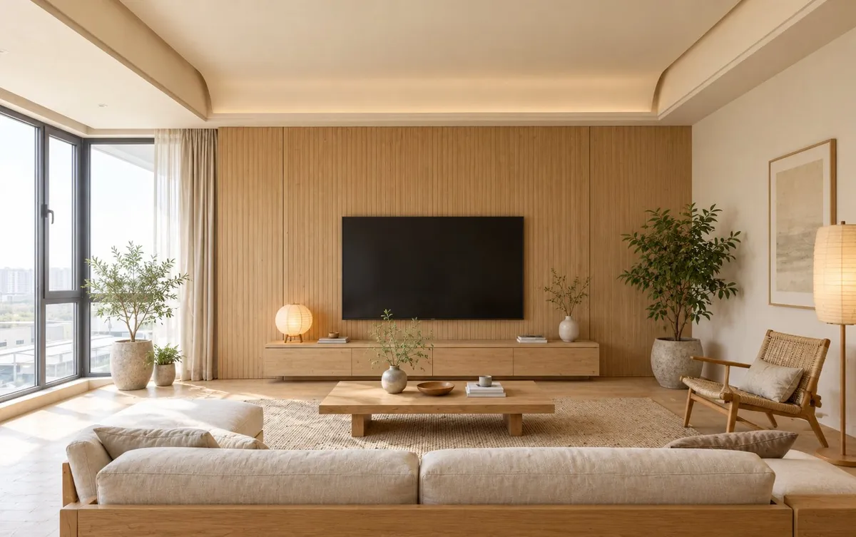 After: the same room renovated with AI as a Japandi living room
