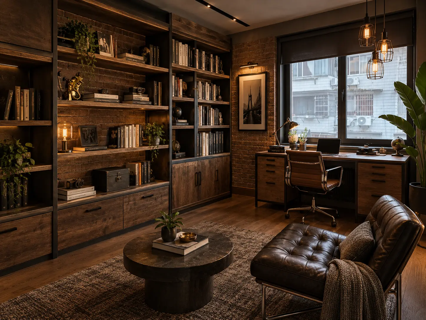 After: the same study renovated with AI into an Industrial home office