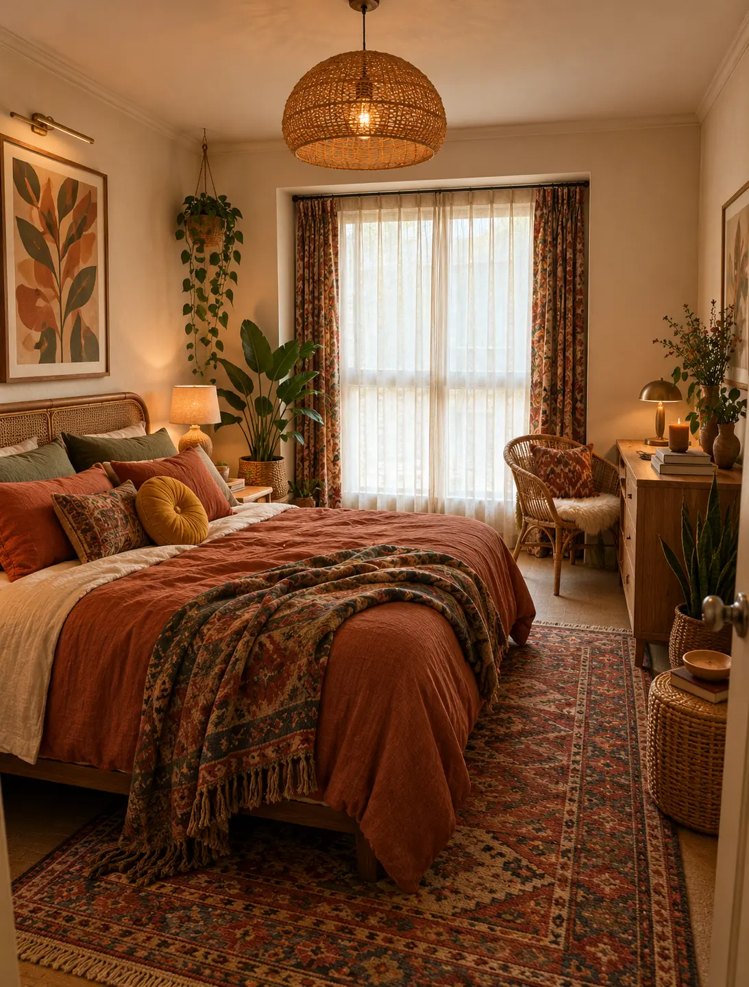 After: the same bedroom with new Bohemian furniture and decor designed by AI, walls and window unchanged