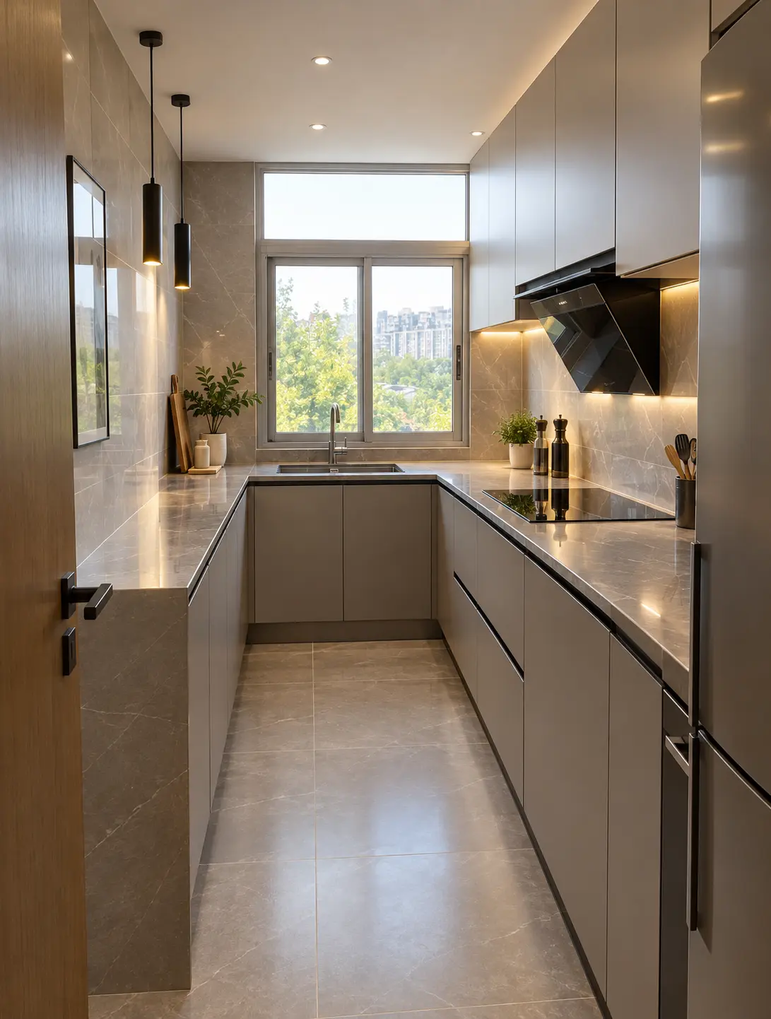 After: the same galley kitchen renovated with AI in Modern style