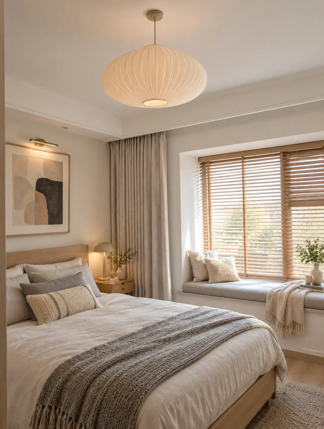 After: the same bedroom with new AI-designed furniture in Scandinavian style, walls and window unchanged
