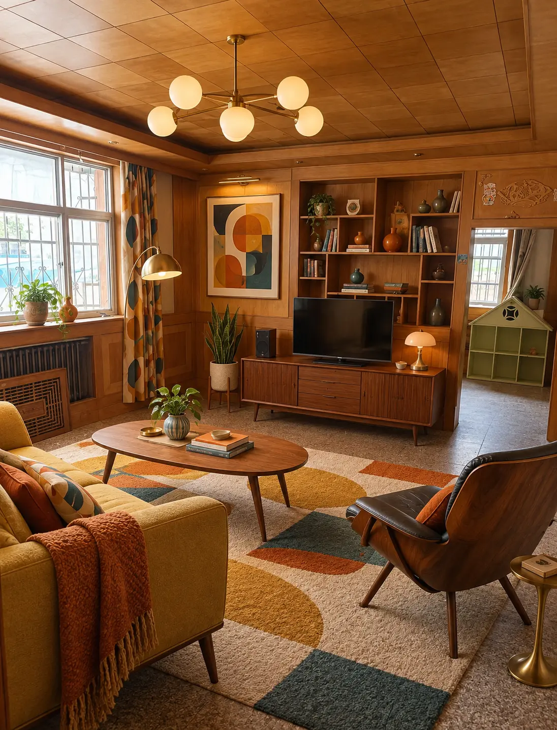 After: the same wood-panelled living room with new Mid-Century Modern furniture designed by AI